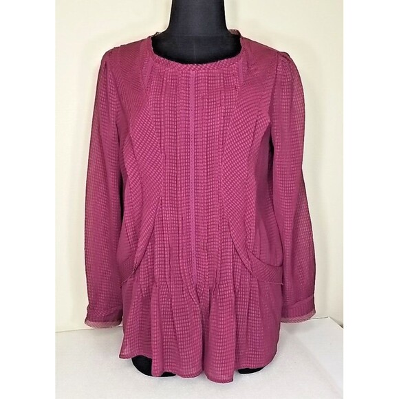 HD In Paris Blouse Womens 4 Purple Gingham Sheer Pintuck Keyhole Back Shirt  T16 - Picture 1 of 7